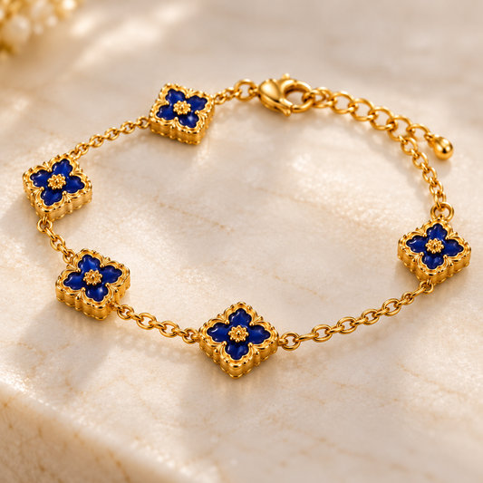 Royal Blue Clover Floral Bracelet – 18K Gold-Plated