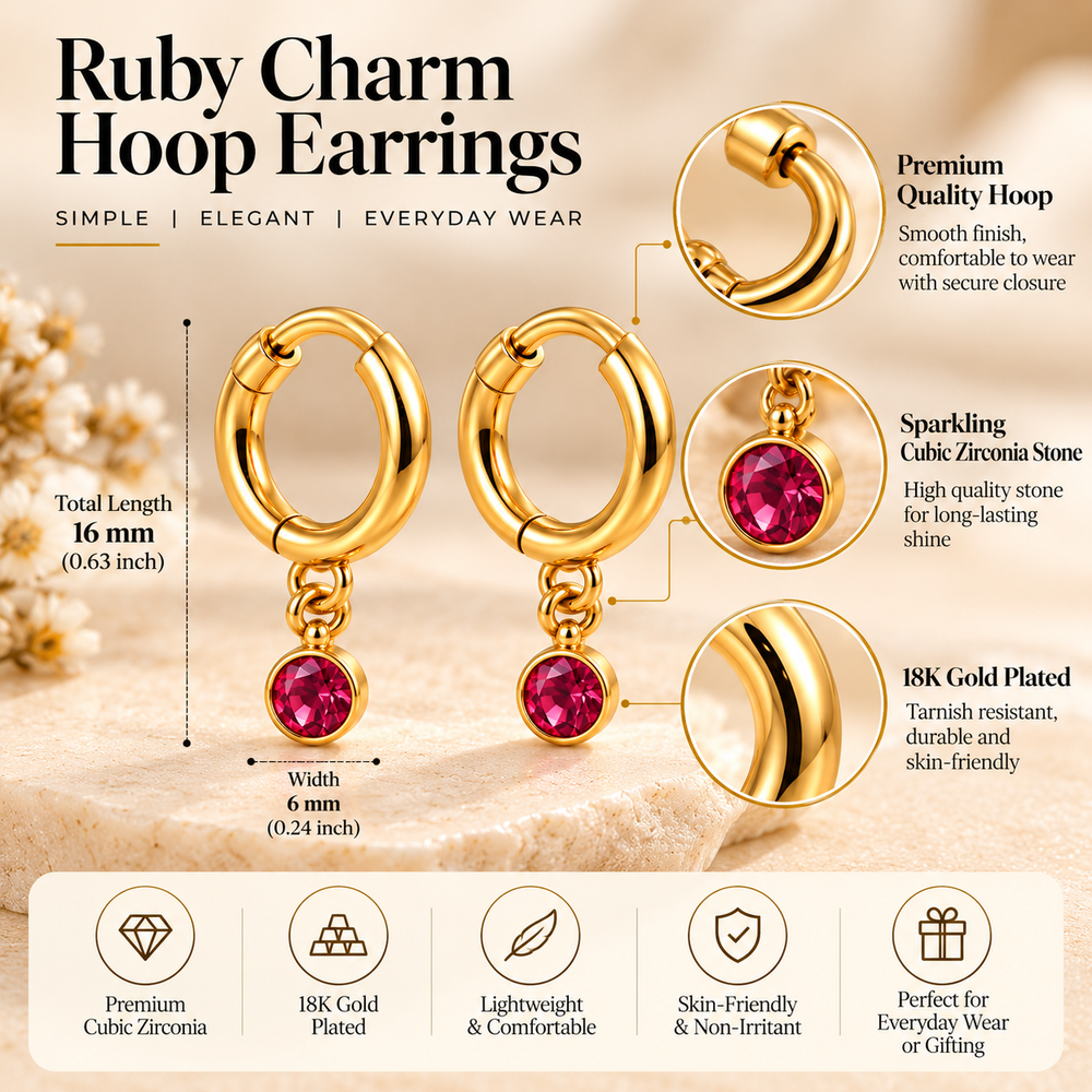 Ruby Red Stone Drop Hoop Earrings – 18K Gold-Plated