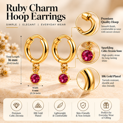 Ruby Red Stone Drop Hoop Earrings – 18K Gold-Plated