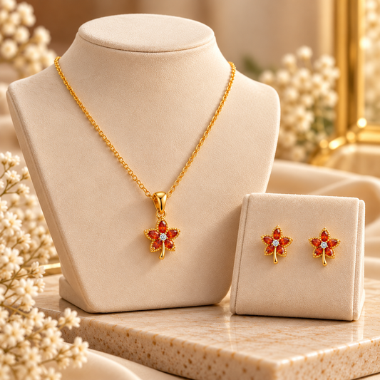 Ory Ruby Flower Pendant & Earrings Set – 18K Gold-Plated