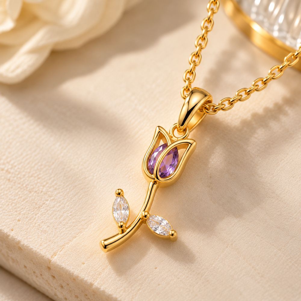 Tulip Gemstone Pendant Necklace – 18K Gold-Plated